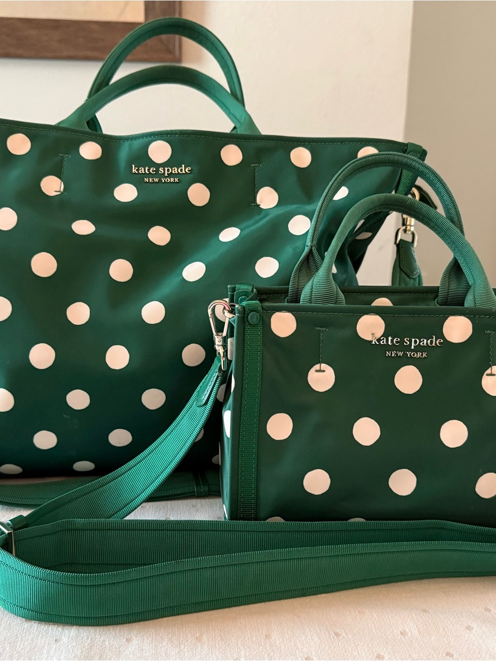 kate spade green and white polka dot tote with matching mini satchel